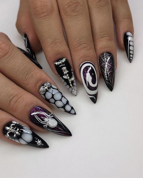 Rocker Nails, Purple Halloween Nails, Pink Halloween Nails, Halloween Nail Art Designs, Black Halloween Nails, Holloween Nails, Witch Nails, Skull Nails, Witch Please