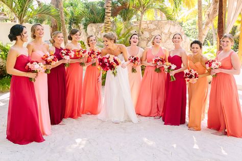 Sunset ombre bridesmaids dresses for beach wedding in Tulum. Photos by Brian Leahy. Ombre Bridesmaid Dresses, Beach Wedding Bridesmaid Dresses, Wedding Color Schemes Spring, Beach Bridesmaids, Spring Bridesmaid Dresses, Beach Wedding Bridesmaids, Orange Bridesmaid, Beach Wedding Colors, Beach Bridesmaid Dresses