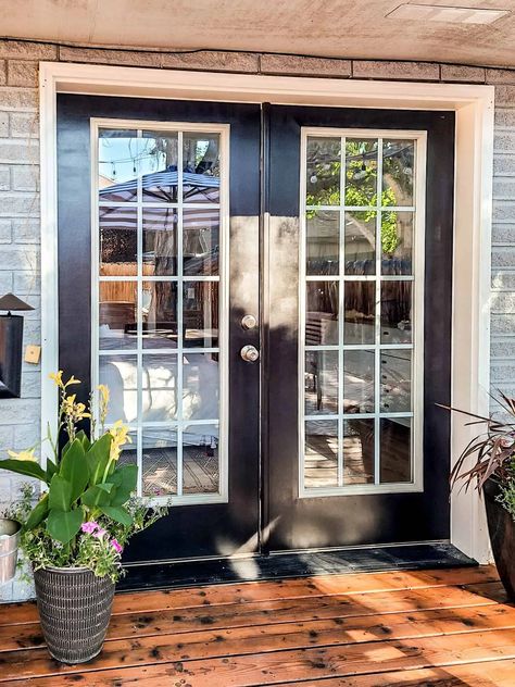 Black French Doors Exterior, Backdoor Ideas Back Doors, Black Patio Doors, Backdoor Ideas, Patio Doors Ideas, Black Exterior Paint, French Doors To Deck, Outdoor French Doors, Painted French Doors