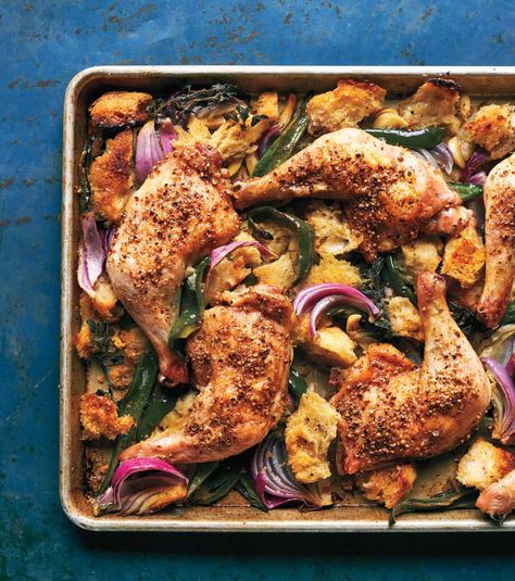 Roasted Chicken Legs with Sourdough Bread & Poblanos - Justin Chapple Justin Chapple Recipes, Crispy Skin Chicken, Crispy Roasted Chicken, Sourdough Croutons, Roasted Chicken Legs, Brunch Desserts, Sheet Pan Suppers, Sheet Pan Chicken, Green Chiles