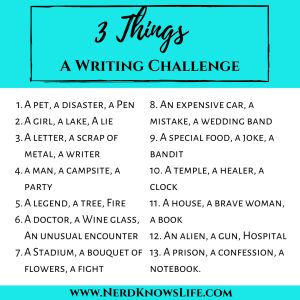 3 Things Writing Challenge #Writing #WritingPrompts #WritingChallenge 3 Things Writing Prompt, Daily Writing Challenge Fiction, 3 Things Writing Challenge, Writing Bingo, Story Writing Challenge, Creative Writing Games, Writing Challenges, Character Worksheets, Writing Games