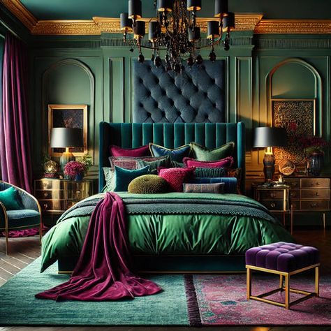 Guest Room Ideas Modern Luxury, Muted Jewel Tone Bedroom, Gem Tone Bedroom, Green Romantic Bedroom, Jewel Tone Bedroom Ideas, Jewel Tone Bedding, Jewel Tone Furniture, Bedroom Jewel Tones, Color Ideas For Bedroom