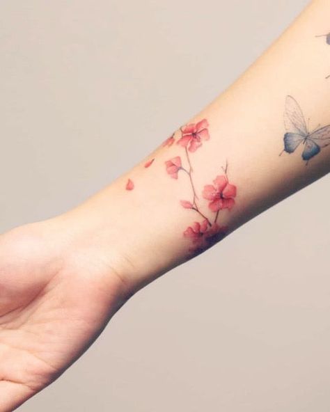 Sakura Wrist Tattoo, Cherry Blossom Arm Wrap Tattoo, Cherry Blossom Ankle Tattoo, Tattoo Cherry, Arm Wrap Tattoo, Wrist Band Tattoo, Wreath Tattoo, Sakura Tattoo, Tiny Wrist Tattoos