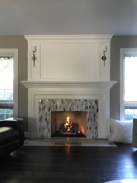 Another add on to our fireplace. Electrical for sconces, and wainscoting above existing fireplace mantle. Lights Above Fireplace Mantle, Waynes Coating Fireplace, Wainscoting Above Fireplace, Sconces Above Fireplace, Traditional Fireplace Mantle, Electric Fireplace Ideas, Waynes Coating, Wood Fireplace Surrounds, Above Fireplace