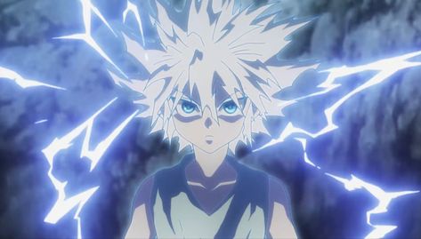 #killua #godspeed #hxh Killua Zoldyck, Hunter X Hunter, White Hair, Anime Character, Lighting, Hair, Anime, Blue, White