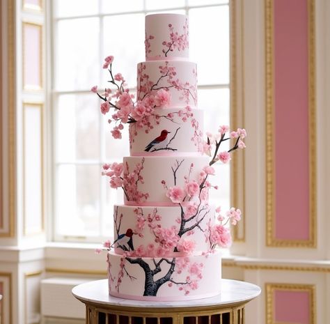 Japanese Wedding Theme Ideas, Japanese Cherry Blossom Wedding Theme, Japanese Wedding Decor, Wedding Cakes With Cherry Blossoms, Cherry Blossom Tree Cake, Japanese Cherry Blossom Cake Ideas, Japanese Wedding Cakes, Japanese Wedding Theme, Wedding Cake Sakura