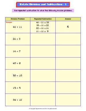 Worksheet | Related Division and Subtraction - 3 | Use repeated subtraction to solve the division problems. Complete the table. Repeated Subtraction Division Worksheets, Repeated Subtraction Division, Differentiated Instruction Strategies, Media Literacy Lessons, Repeated Subtraction, Easy Math Worksheets, Division Problems, Preposition Worksheets, Easy Math