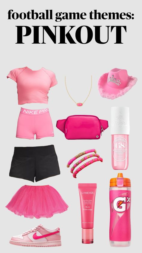 football game themes: pinkout #fyp #outfit #outfitinspo #football #backtoschool #pink #preppy #cute #soldejaneiro #lululemon #nike Pink Football Game, Football Game Themes, Pink Out Football, High School Football Games, Pink Football, Pink Preppy, Football Game Outfit, Dress Up Day, Pink Out