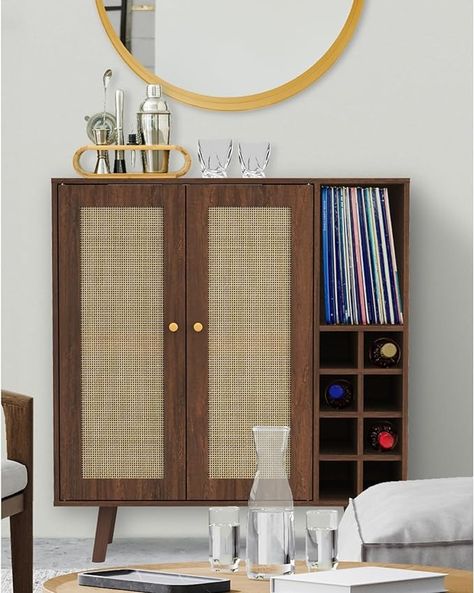 Amazon.com: Atlantic Loft & Luv Remy Boho Mid-Century Natural Rattan Panels with Storage, Walnut Finish Bar Cabinet : Home & Kitchen Coffee Bar Furniture, Bar Cabinet Ideas, Mid Century Bar Cabinet, Modern Wood Kitchen, Dining Room Console, Bar Cabinets, Boho Mid Century, Wine Bar Cabinet, Kitchens Luxury