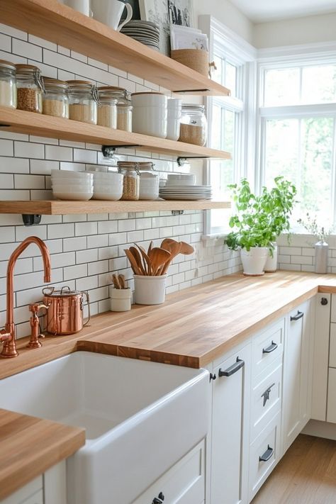 Match the perfect kitchen splashback with a butcher block countertop using these design tips and ideas. Butcher Block With White Backsplash, Kitchen Butcherblock Countertops, Kitchen Backsplash With Butcher Block Countertops, Kitchen Sink Butcher Block Counter, Butcher Block Countertop Kitchen, Butcher Block Countertops With White Cabinets, Kitchen Inspo Butcher Block, Kitchen Backsplash With Butcher Block, Live Edge Kitchen Countertops