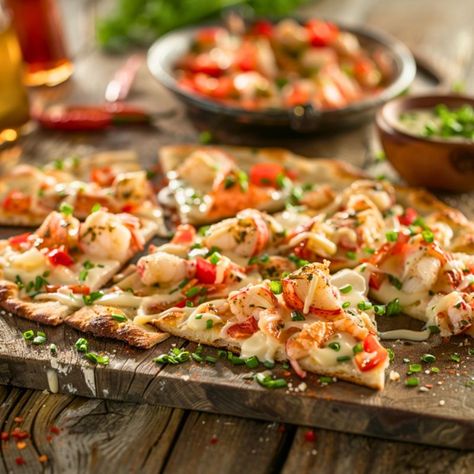 Indulge in Seasons 52's Lobster Flatbread Recipe—a rich, cheesy delight with succulent lobster, fresh garnishes, and a golden crust. Perfect for sharing! Lobster Flatbread Recipes, Seasons 52 Flatbread Recipe, Shrimp Flatbread Recipes, Lobster Flatbread, Mexican Flatbread Pizza, Garlic Pesto Chicken, Mexican Flatbread, Flatbread Appetizers, Lobster Pizza