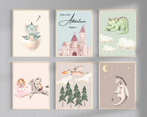 Add a touch of enchantment to your home with our Fairytale Dragons Nursery Wall Art Prints! A collection of vibrant, watercolor graphics depict mythical creatures, sleeping dragons, and castles, inviting a sense of adventure into any space. This set is perfect for lovers of dragon nursery decor and those dreaming of far-off lands and magical fairytales.  Easily print from home and frame yourself!  ----------------------------- PLEASE NOTE: - This is a DIGITAL DOWNLOAD and no physical item will b Fairy Tale Nursery Theme, Fairytale Nursery Theme, Dragons Nursery, Whimsical Kids Room, Fairytale Dragon, Fairy Tale Nursery, Dragon Nursery, Fairytale Nursery, Dragon Princess