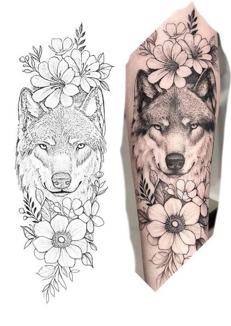 Wolf Flowers Tattoo, Wolf With Flowers Tattoo Design, Flower Wolf Tattoo, Wolf Flower Tattoo Design, Wolf Tattoo Stencil Design, Animal Tattoo Stencil, Sleeve Stencils Tattoo Designs, Wolf Tattoo Stencil, Realism Tattoo Stencil