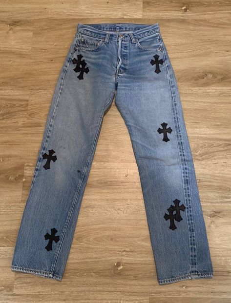 Chrome Hearts Chrome Hearts Levi’s Denim | Grailed Chrome Outfits, Chrome Hearts Pants, Custom Jeans, Diy Fashion Clothing, 2000s Fashion Outfits, Painted Clothes, Jeans Diy, Streetwear Fashion Women, Chrome Hearts