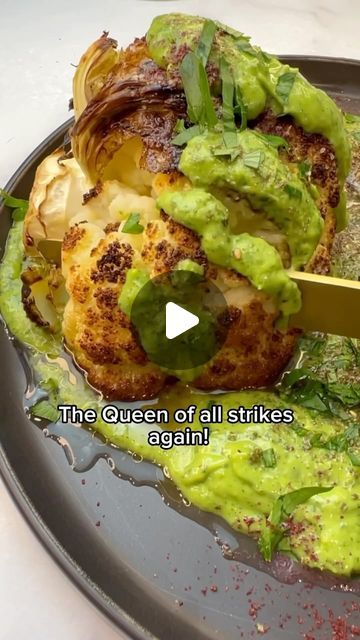 RUHAMA SHITRIT on Instagram‎: "ROASTED CAULIFLOWER WITH AVOCADO Z’AATAR DRESSING! 🥑 This is one of the dishes that you make and you understand that veggies are the most beautiful things on earth! 🤩 This roasted cauliflower with avocado dressing will blow your mind! It’s beautiful, It’s VEGAN and SO DELICIOUS!  Shabbat shalom✨ Follow @ruhamasfood for more🤍 RECIPE 👇  . . כרובית צלוייה עם רוטב אבוקדו זעתר!  מתכון בתגובות🤍 . . Recipe: Ingredients- 1 small cauliflower, cut to half  5 tablespoons of olive oil  1 teaspoon of salt   Ingredients for the avocado dressing- Handful of parsley leaves  Handful of dill leaves  1 avocado, cut to half Juice from half lemon  1 garlic clove  1 teaspoon of za’atar  1 teaspoon of salt  3/4 cup of cold water  Put all the ingredients in a small food process Vegetable Starters, Roasted Sweet Potato Cubes, Avocado Recipes Dinner, Roast Cauliflower, Avocado Dishes, Parsley Leaves, Roasted Cauliflower Recipes, Cauliflower Dishes, Avocado Dressing