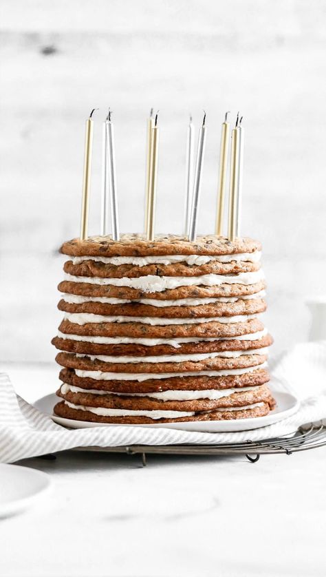 This chocolate chip cookie layer cake is PERFECT for any cookie lover! Ditch the birthday cake and go with this 10 layer stack of delicious chocolate chip cookies! #cookiecake #cookielayercake #chocolatechipcookies #butternutbakery Stacked Cookie Cake, Layered Cookie Cake, Cookie Layer Cake, Delicious Chocolate Chip Cookies, How To Stack Cakes, Sugar Cookie Ideas, Layered Cake, Birthday Cookies, Cookie Cake