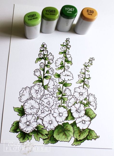 Hollyhocks-4-Copic-Stage-1---OHS Copic Marker Flowers, Copic Artwork, Copic Tips, Copic Color Chart, Copic Tutorials, Sending Sunshine, Copic Colors, Marker Coloring, Copic Markers Tutorial