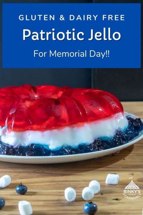 Easy colorful side dish for all of the Patriotic Summer Holidays! This Jello Salad from Binky's Culinary Carnival will be the hit of your next picnic with kids and adults alike! This version is also dairy free for those who are intolerant. With fresh strawberries and blueberries. Also has mini marshmallows in the white layer. Such a fun dessert this summer. White Jello, Homemade Jello, Jello Salads, Layered Jello, Blue Jello, Lactose Free Recipes, Jello Desserts, Scrumptious Food, Strawberry Jello