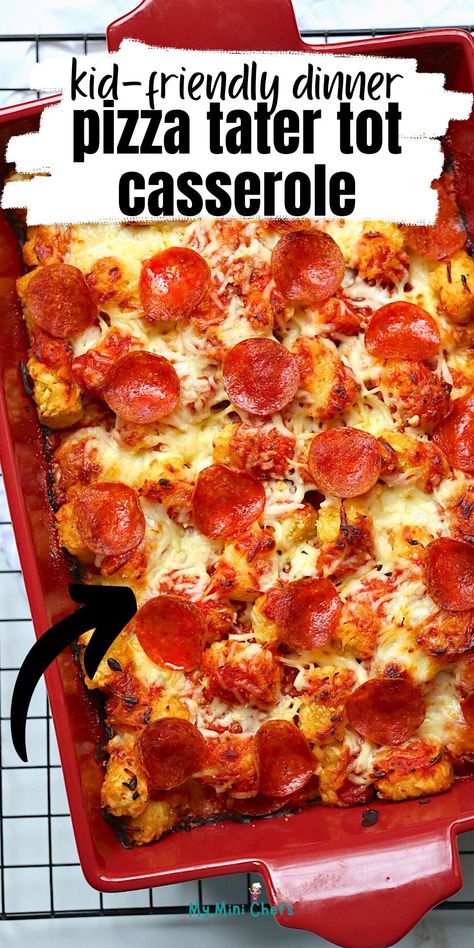 This is an easy Tater Tot Pizza Casserole Recipe made with simple ingredients. It's loaded with zesty pepperoni, pizza sauce, mozzarella cheese and tater tots, all baked to crispy perfection! This is a fun twist on traditional casserole dinners and makes a no prep, no clean up family-friendly dinner. Pizza Tater Tot Casserole, Tater Tot Pizza, Tator Tot Recipe, Tater Tot Bake, Pizza Alternatives, Pepperoni Pizza Casserole, Casserole Dinners, Pizza Casserole Recipe, Easy Tater Tots