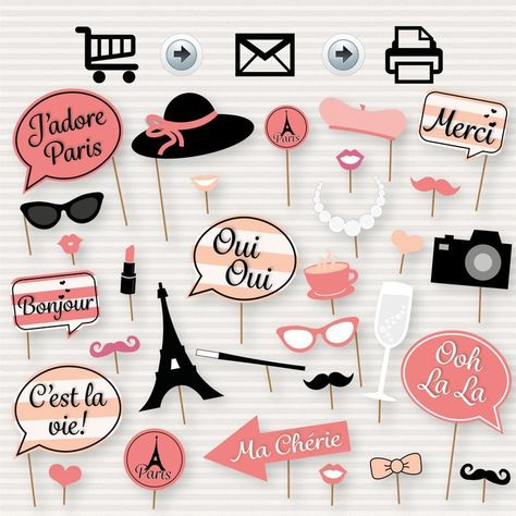 Paris Photo Booth, Paris Themed Party, Paris Party Decorations, Photo Booth Printables, Paris Themed Birthday Party, Paris Bridal Shower, French Party, Printable Props, Parisian Party