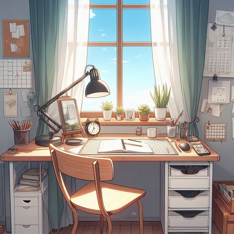 (Our Spotify lo-fi playlist is your ticket. Bio link for instant atmosphere. #LoFiLife #ChillOutMusicHunting for fresh lo-fi tracks? 🔍🎸 Window Desk Aesthetic, Anime Art Aesthetic Study, Desk In Front Of Window Aesthetic, Study Table Illustration, Desk Next To Window, Study Room Illustration, Study Table Drawing, Morning Study Routine, Pfp Arts