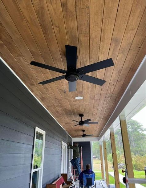 Master Ceiling Design, Back Porch Wood Ceiling, Wood Under Porch Ceiling, Back Porch Ceiling Ideas, Vaulted Porch Ceiling, Stained Porch Ceiling, Wood Ceiling Porch, Shiplap Porch, Front Porch Ceiling Ideas