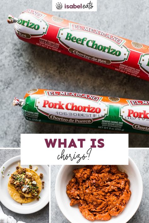 Many recipes include chorizo in the ingredients, but what exactly is it? What is chorizo made of and how do you use it? Here’s your definitive guide to what it is, how it’s made, and how to use it in delicious Mexican dishes! Diy Chorizo Recipe, What To Do With Chorizo, Beef Chorizo Tacos, Recipes With Mexican Chorizo, Chirozo Recipes Chorizo, Chorizo Seasoning Recipe, Cooking Chorizo, How To Make Chorizo, Mexican Ingredients