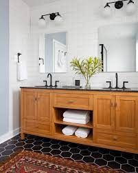 Black Floor Wood Vanity, White Subway Tile Bathroom, Floor Wood, Matte Black Faucet, Black Countertops, Transitional Bathroom, Bathroom Color, White Subway Tile, Shaker Cabinets