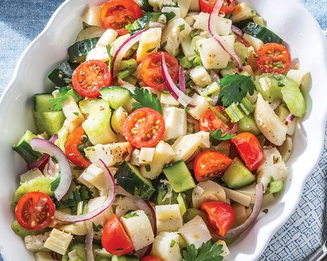 Tender and mild hearts of palm are a delightful addition to this punchy, herb-packed Hearts of Palm Salad. Salad Celery, Vegan Lobster, Crab Salad Sandwich, Hearts Of Palm Salad, Party Side Dishes, Salad Tomato, Salad Cucumber, Vegan Crab, Crab Salad Recipe