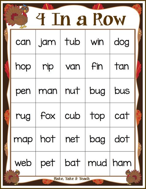 Thanksgiving 4 In A Row CVC Words Freebie! - Make Take & Teach November Teaching Ideas, Thanksgiving Readings, Cvc Activities, Thanksgiving Kindergarten, Thanksgiving Classroom, Kindergarten Freebies, 4 In A Row, Phonics Games, Elementary Ela