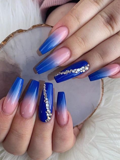 Long coffin-shaped royal blue ombre nails with rhinestone accents Ombre Nail Colors, Orange Ombre Nails, Blue Prom Nails, Black Ombre Nails, Red Ombre Nails, Purple Ombre Nails, Blue Ombre Nails, Blue And White Nails, Royal Blue Nails