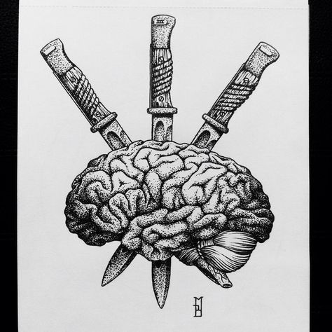 #ink #black #knife #designe #dotwork #bayonet #brain #tarot #newtattoo #anatomy #drawing #iblackwork Dude Tattoos, Learn To Draw People, Black Knife, Brain Tattoo, Knife Drawing, Male Figure Drawing, Knife Tattoo, Tattoo Filler, Brain Art