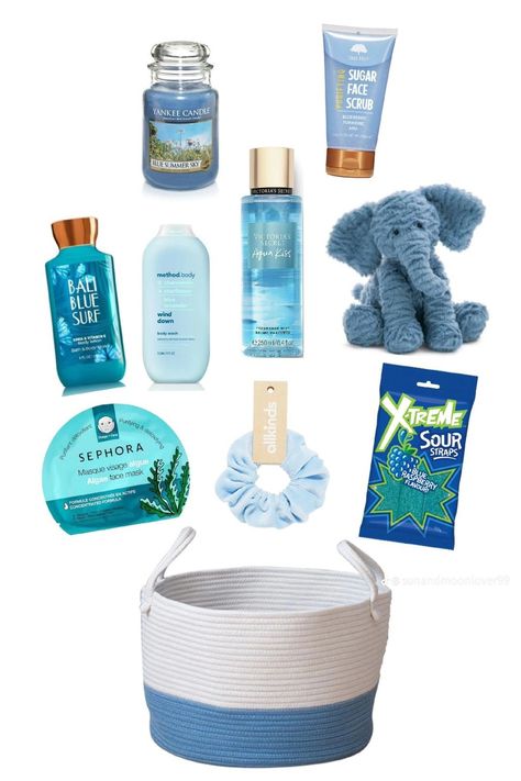 Birthday Basket For Best Friend Blue, Birthday Basket Blue, Burr Basket Blue Theme, Blue Burr Basket Ideas, Light Blue Gift Basket Ideas, Blue Gift Basket Ideas For Women, Gift Basket Ideas Blue, Beach Basket Ideas, Blue Birthday Basket