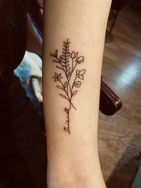 Flower Tattoo Word Stem, Be Still Flower Tattoo, Flower With Writing In Stem Tattoo, Name Stem Flower Tattoo, Flower With Word Stem Tattoo, Flower Tattoo With Words As Stem, Flower Stem Tattoo, Chloe Tattoo, Stem Tattoo