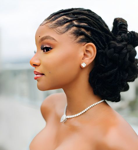 Formal Locs Styles, Loc Low Bun Wedding, Wedding Hairstyles For Braids, Wedding Hair With Dreadlocks, Hailey Bailey Hairstyles, Dreadlock Hairstyles For Prom, Bridal Loc Styles Black Women, Loc Hairstyles For Formal Events, Wedding Hairstyles Black Women Locs