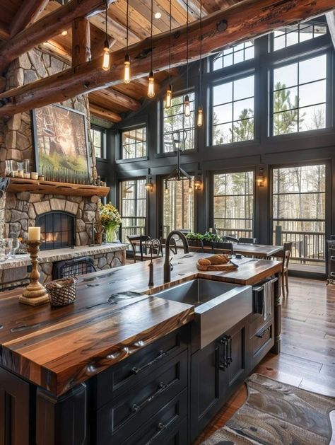 Barndominium Ideas Interiors Black, Barndominium Kitchen And Living Room, Dark Log Cabin Homes Interior, Barndominium Kitchen Layout, Small Barndominium Kitchen Ideas, Barndominium Ideas Interiors Kitchen, Barndominium Farmhouse Interior, A Frame Kitchen Ideas, Barn Kitchen Ideas