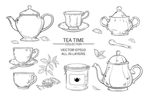 Teapot Drawing, Teapot Tattoo, Tea Cup Drawing, Tea Tattoo, Tin Packaging, Tea Illustration, Teapots And Cups, Tea Art, Tea Strainer