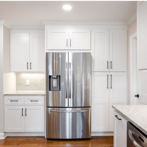 Fridge On Separate Wall, Fridge In Middle Of Kitchen, Counter Depth Fridge Vs Standard, Fridge And Stove On Same Wall, Fridge Next To Pantry, Cabinet By Fridge, Fridge Ideas Kitchen, Built In Kitchen Cabinets, Cabinets Around Fridge