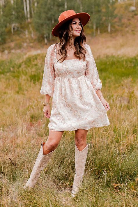 Wildflower Meadows Tulle Dress Amber Massey X Pink Lily Fall Mini Dress And Boots, Brown Cowboy Boots With Dress, Western Dance Dress, Homecoming Dress With Cowboy Boots, Plus Size Dress With Boots, White Fall Dresses, Dress With Boots Wedding Guest, Tall Boots With Dress, Dress Ideas For Engagement