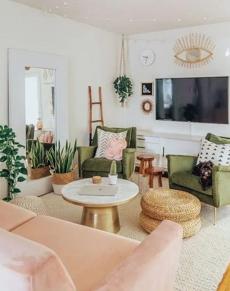 55 Amazing Peach Fuzz Home Decor Ideas - DigsDigs Blush Room Decor, Blush Room, Mid Century Living Room Decor, Large Living Room Furniture, Pink Lounge, Warm Home Decor, Mid Century Living Room, Trendy Living Rooms, Bohemian Living