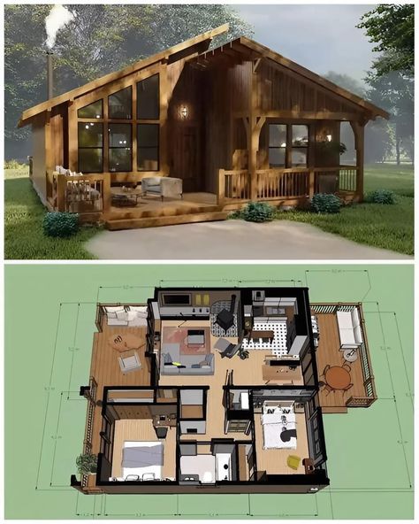 Mini House Plans, Small House Blueprints, Small Cottage House Plans, Cabin House, Cabin House Plans, Sims House Plans, Sims House Design, Small House Design Plans, Tiny House Cabin