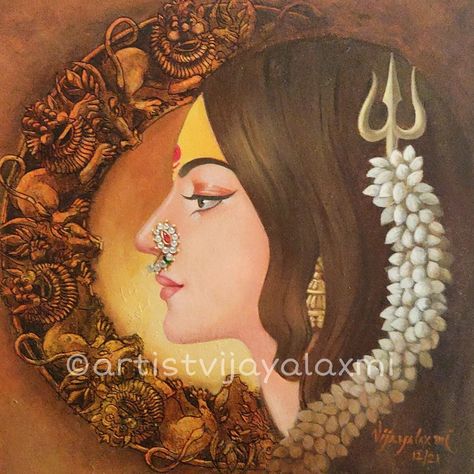 Dasara Painting, Shiv Shakti Painting, Ganpati Aesthetic, Indian Goddess Painting, Devi Aesthetic, God Canvas Painting, Devi Drawing, Parvati Painting, Devi Painting