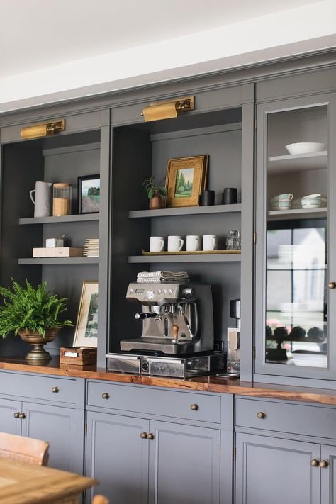 The Inspiring Coffee Bars of Jean Stoffer Design Jean Stoffer Design, Cottage Home Interior, Jean Stoffer, Inset Cabinetry, Coffee Bar Design, Blue Cabinets, Glass Cabinet Doors, Shelf Styling, English Cottage