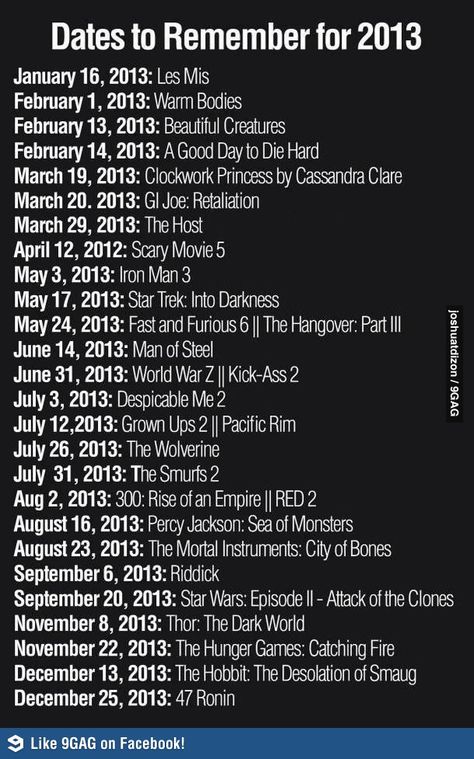 Dates to remember for 2013 Dates To Remember, After Earth, Ella Enchanted, Warm Bodies, Clockwork Princess, Despicable Me 2, The Lone Ranger, My Funny Valentine, Catching Fire