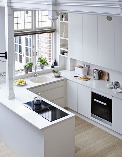 open plan all white kitchen with corian kitchen counter top Small Modern Kitchen Design, Small Modern Kitchens, Kabinet Dapur, Kitchen Design Modern Small, Small Kitchen Decor, New Kitchen Cabinets, White Kitchen Design, Kitchen Room Design, Kitchen Inspiration Design