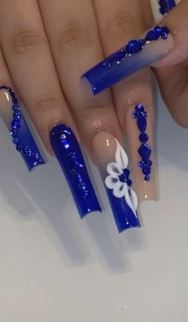 Blue Bottoms Nails, Latina Nail Designs Blue, Navy Blue Nails For Quince, Royal Blue Baddie Nails, Blue And Black Quinceanera, Blue Baddie Nails, Baddie Nails Acrylic Blue, Royal Blue Quince Nails, Senior Nails