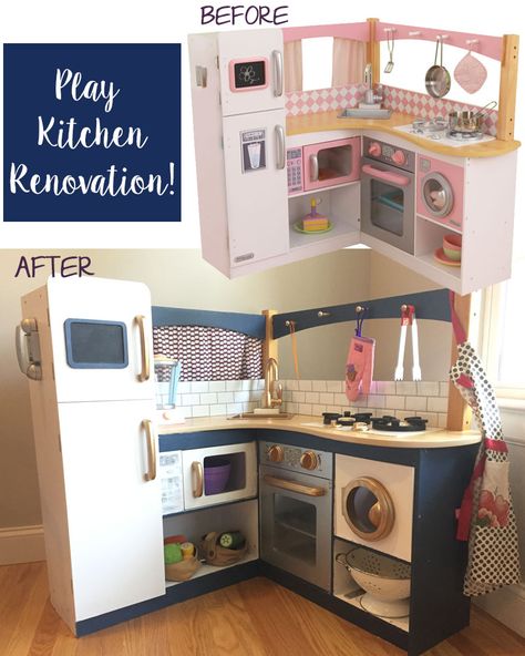 This adorable corner kitchen was selling in a local swap & sell group for $15. It wasn’t in the best shape, so I cleaned it up a bit and then started painting. I spray painted all the hardware gold, using Krylon Metallic Gold Spray Paint. Then I painted the upper wood backboards navy blue [...] Kidkraft Corner Kitchen, Kidcraft Kitchen, Kidkraft Kitchen Makeover, Girls Play Kitchen, Playset Makeover, Kidkraft Kitchen, Play Kitchen Makeover, White Kitchen Makeover, Metallic Gold Spray Paint