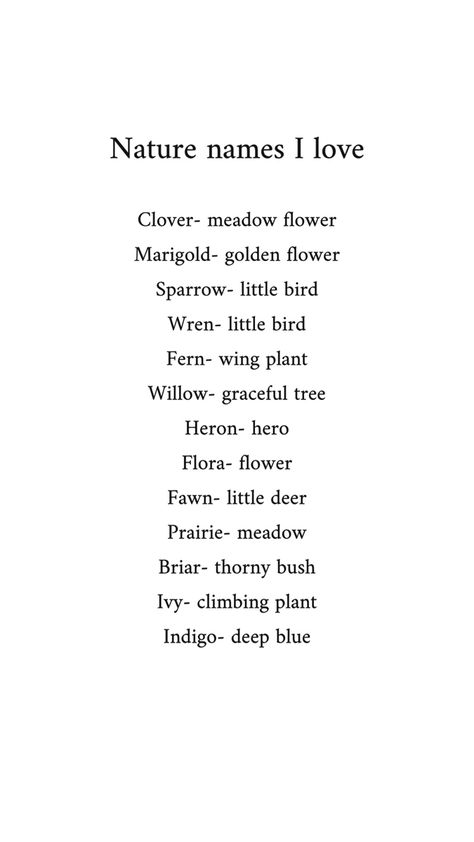 Poem Names Ideas, Core Names Aesthetic, Fairy Last Names, Nature Names With Meaning, Cute Fairy Names, Cottagecore Last Names, Nature Related Names, Pretty Nature Words, Fire Themed Names