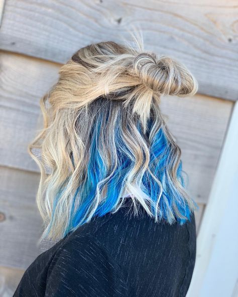 A pop of color blue with a little peekaboo in blonde hair Peekaboo Hair Colour, Hair Colour Ideas For Blondes, Blonde Hair With Color, Blonde Hair With Color Peekaboos, Blue Peekaboo Hair, Blue Peekaboo, Hair With Color, Blonde And Blue Hair, Peekaboo Hair Colors