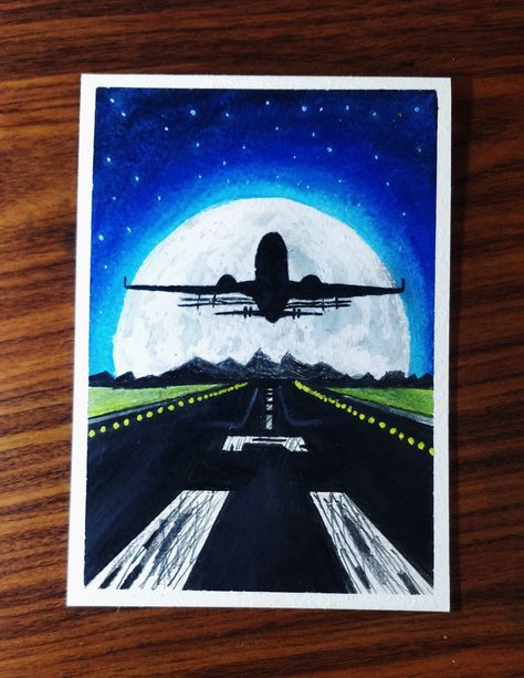 Airplane Painting Easy, Airplane Take Off, Scenery Drawing Easy, Everyday Painting, Airplane Painting, Kids Canvas Painting, Canvas Art Painting Acrylic, Scenery Drawing, Oil Pastel Art